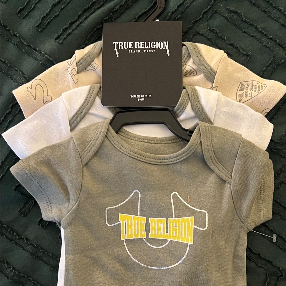 True Religion Infant Onesie Trio - Olive, Cream, White